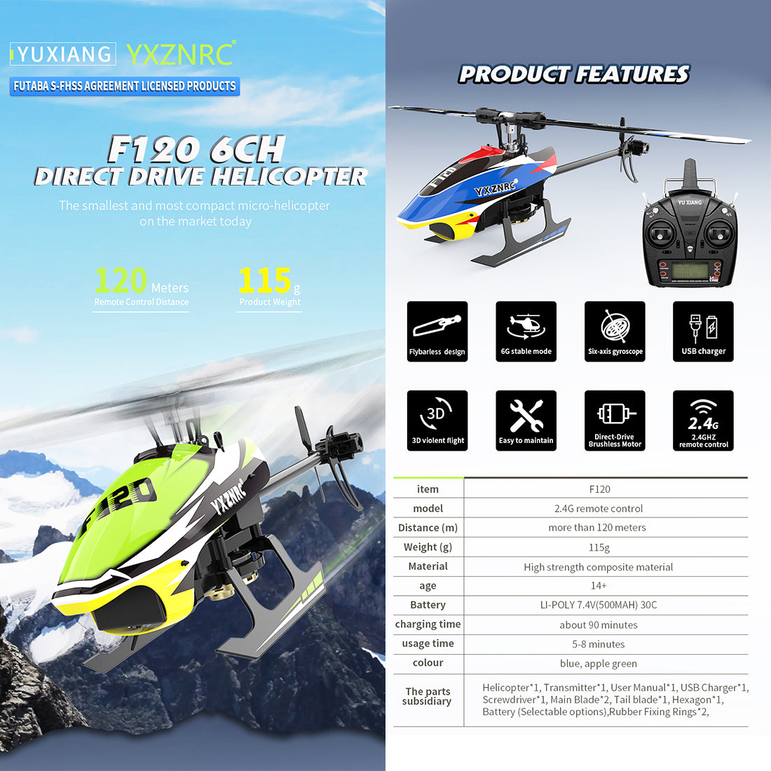 YU XIANG F120 RC Hubschrauber 2.4G 6CH Direktantrieb Brushless Modell