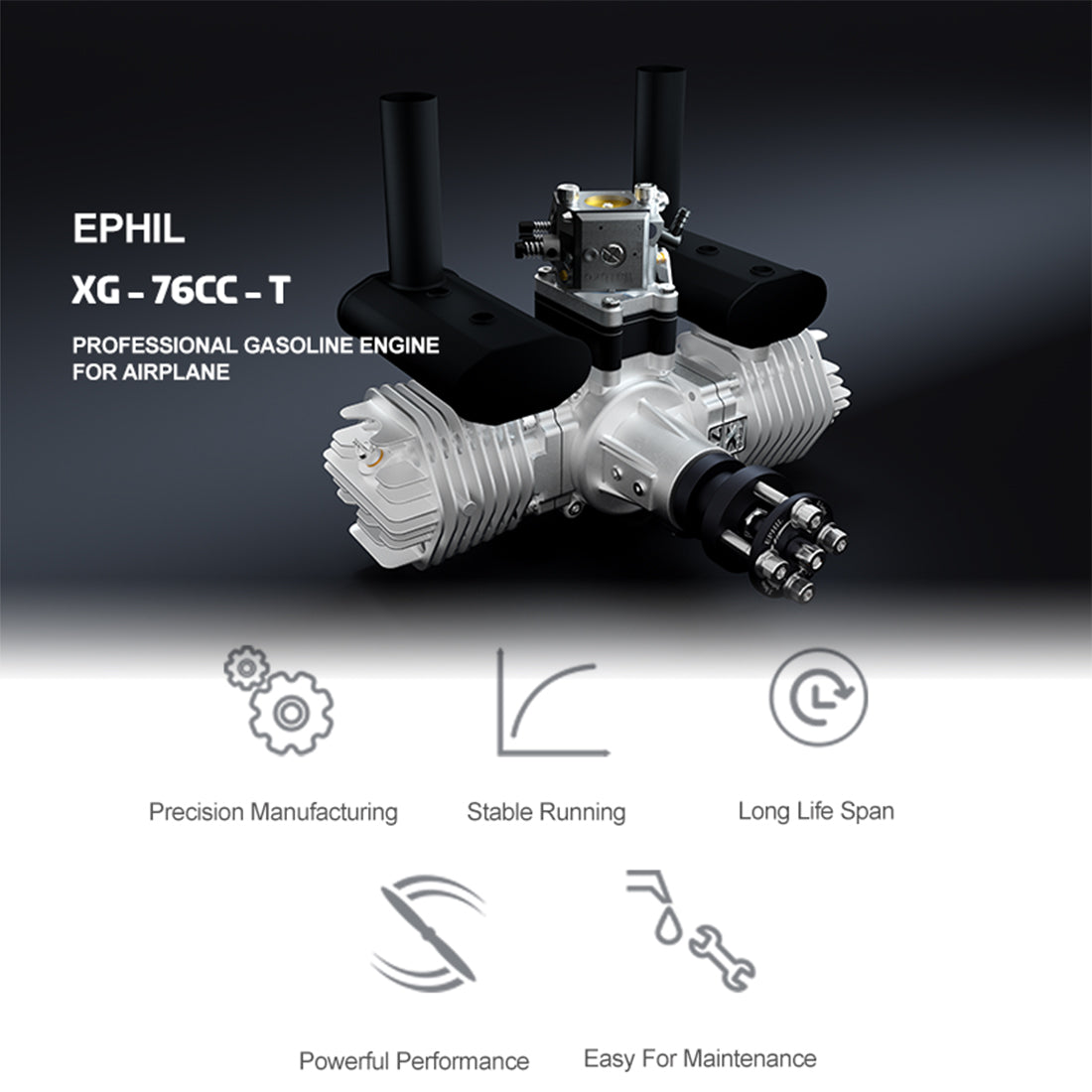 EPHIL XG-76cc-T Glow Plug Two-Stroke Twin-Cylinders Horizontally Opposed Gasoline Engine Model for Fixed-Wing Aircraft Models - RAZORDON
