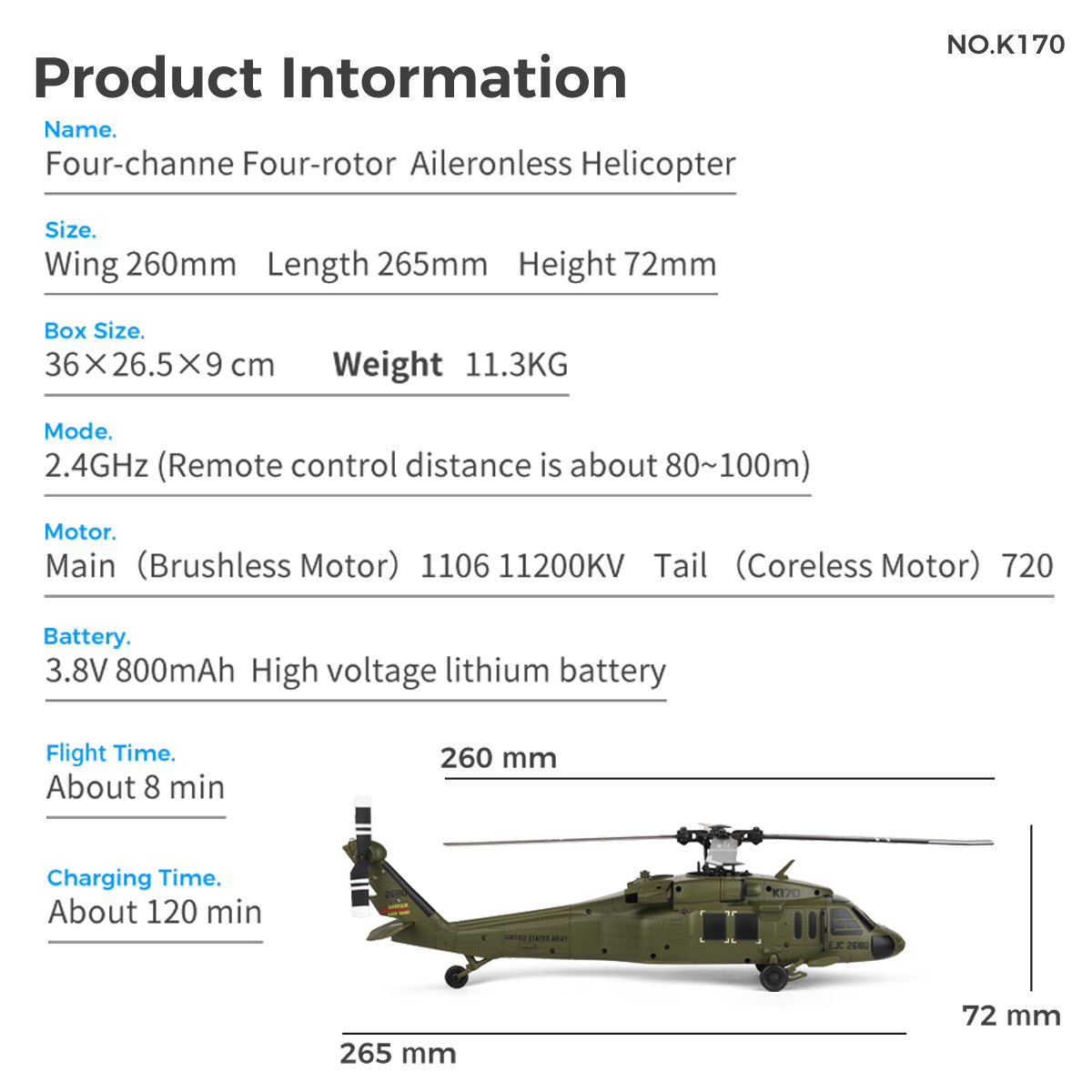 WL K170 Black Hawk UH-60L 170 Size 2.4G 4CH Flybarless RC Helicopter with Adjustable Left and right Hand Throttle (RTF Version) - RAZORDON