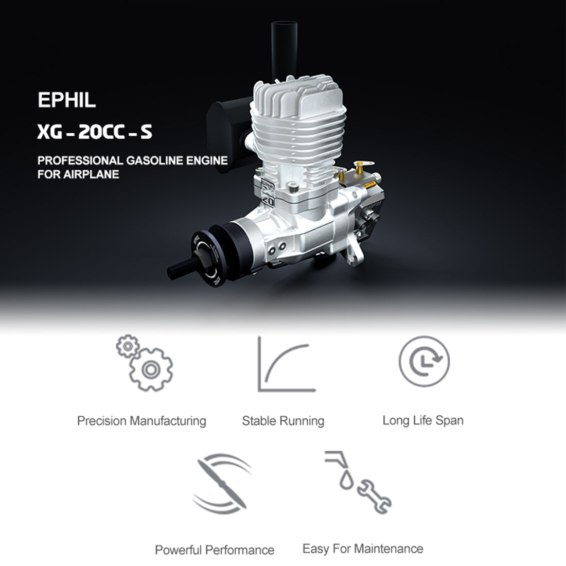 EPHIL XG-20cc-S Glow Plug Two-Stroke Single Cylinder Side Exhaust Gasoline Engine Model for Fixed-Wing Aircraft Models-RAZORDON