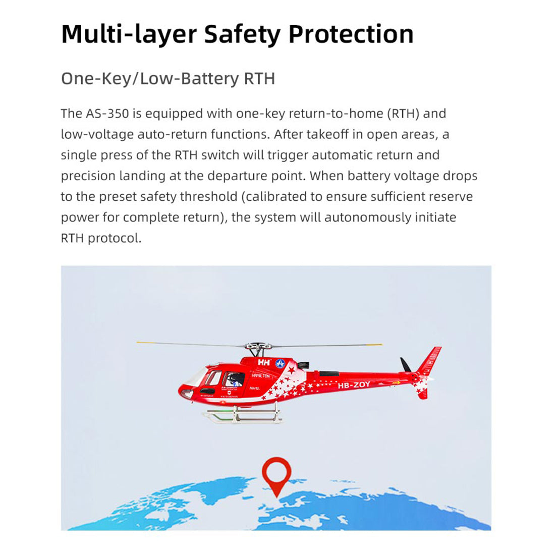 FLYWING Eurocopter AS350 2.4G 6CH 470-Class Quick-Release 3-Rotor Scale RC Helicopter Model with ACE Flight Controller, GPS Positioning & Left/Right-Hand Control RTF