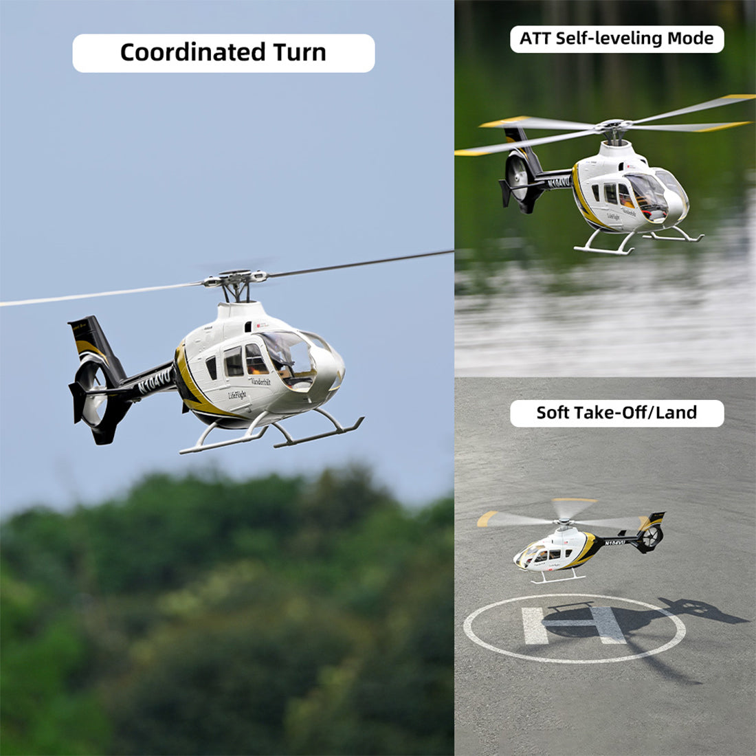 FLYWING EC135 470 스케일 RC 헬리콥터 2.4G 6CH 스케일 군용 모델, 퀵 탈착식 4날 로터, ACE 비행 컨트롤러, GPS 위치 지정 기능(MODE1/MODE2 전환 가능)