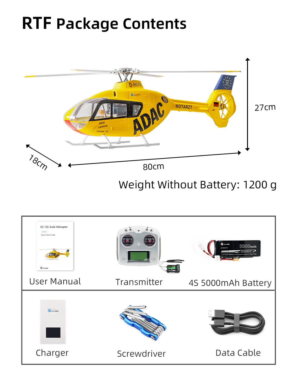 FLYWING EC135 470-Scale RC Helicopter 2.4G 6CH Scale Military Model with Quick-Detach 4-Blade Rotor ACE Flight Controller GPS Positioning - RAZORDON