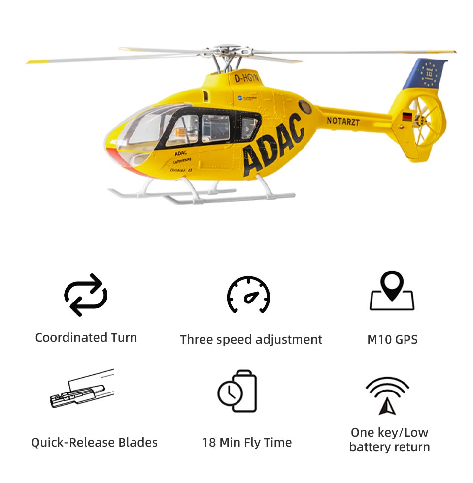 FLYWING EC135 470-Scale RC Helicopter 2.4G 6CH Scale Military Model with Quick-Detach 4-Blade Rotor ACE Flight Controller GPS Positioning - RAZORDON