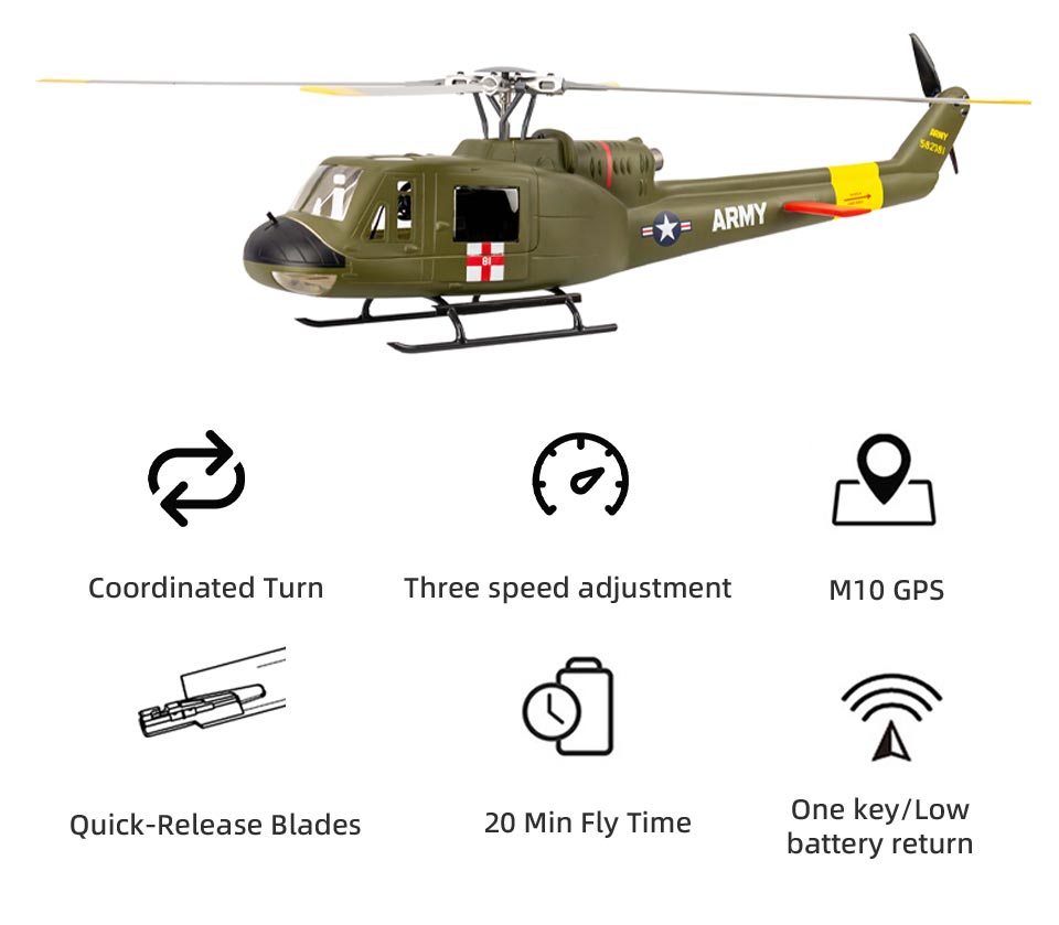 FLYWING UH-1 V4 Upgrade Version Class 470 6CH Brushless Motor GPS Fixed Point Altitude Hold Scale RC Helicopter - RAZORDON