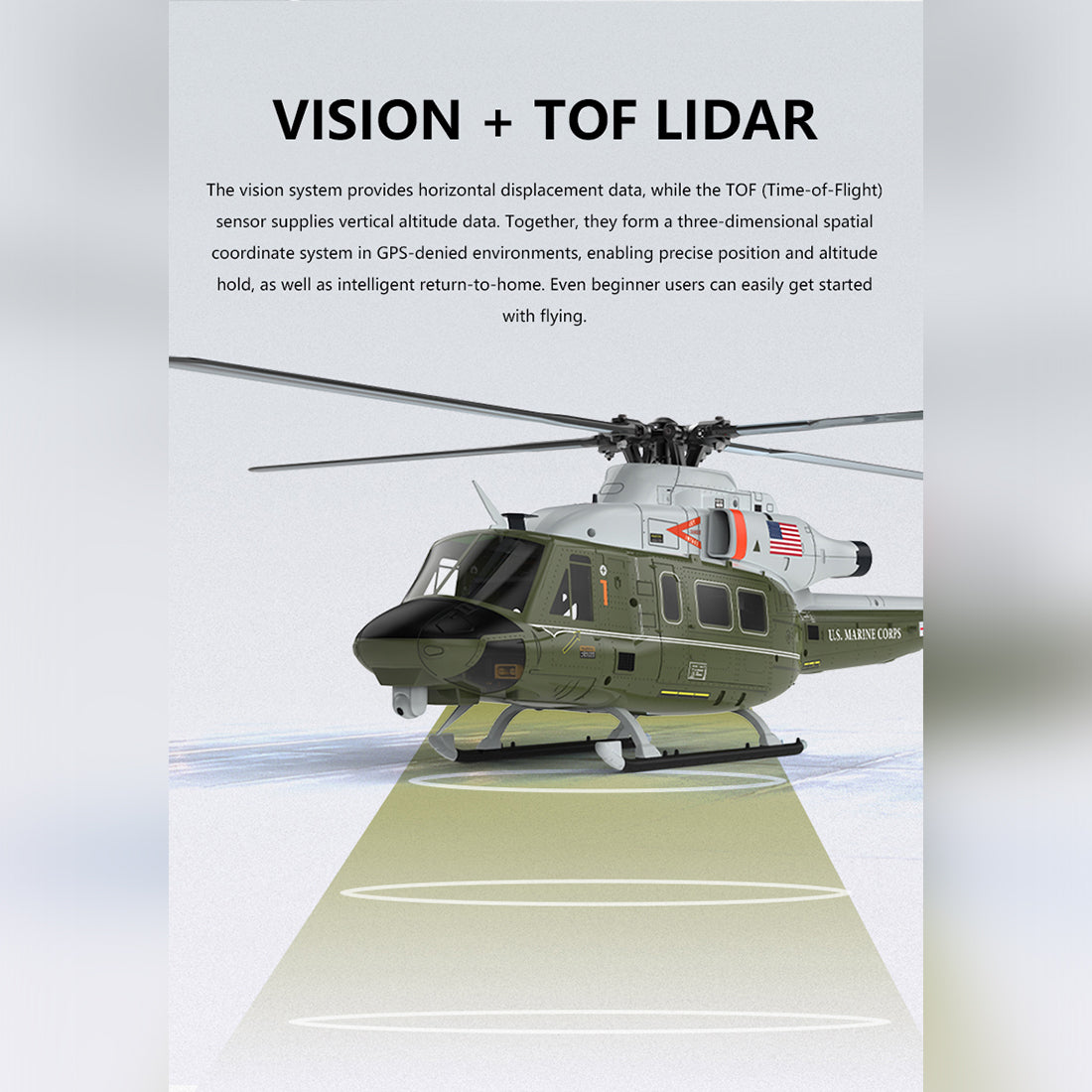 GOOSKY E2 UH-1Y 2.4G 6CH RC Helicopter Brushless Direct Drive Scale Model with LiDAR Positioning GPS Version Rescue Livery RTF (MODE1/MODE2 Switchable)