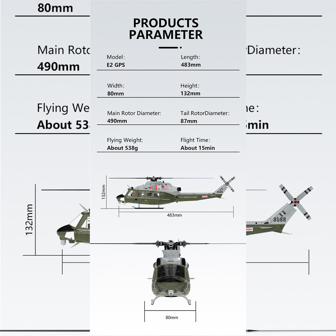 GOOSKY E2 UH-1Y 2.4G 6CH RC Helicopter Brushless Direct Drive Scale Model with LiDAR Positioning GPS Version Rescue Livery RTF (MODE1/MODE2 Switchable)