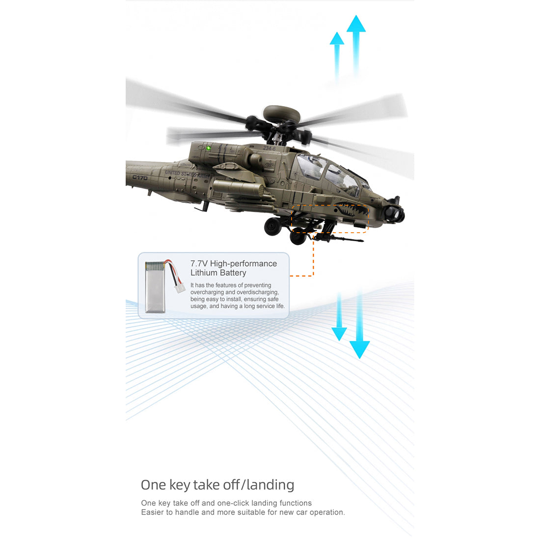 RC ERA C170 AH-64D Apache 1/48 Scale 6CH Flybarless RC Helicopter - One Key takeoff/landing - RAZORDON