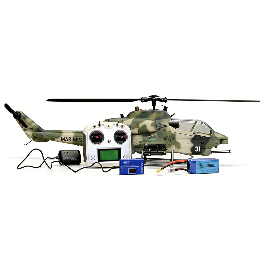 WOLFBUSH&ROBAN AH-1W Cobra 470-Class 2.4G 6CH Dual-Rotor RC Military Helicopter Model with GPS Positioning, Synchronized Turret & Left/Right-Hand Control RTF