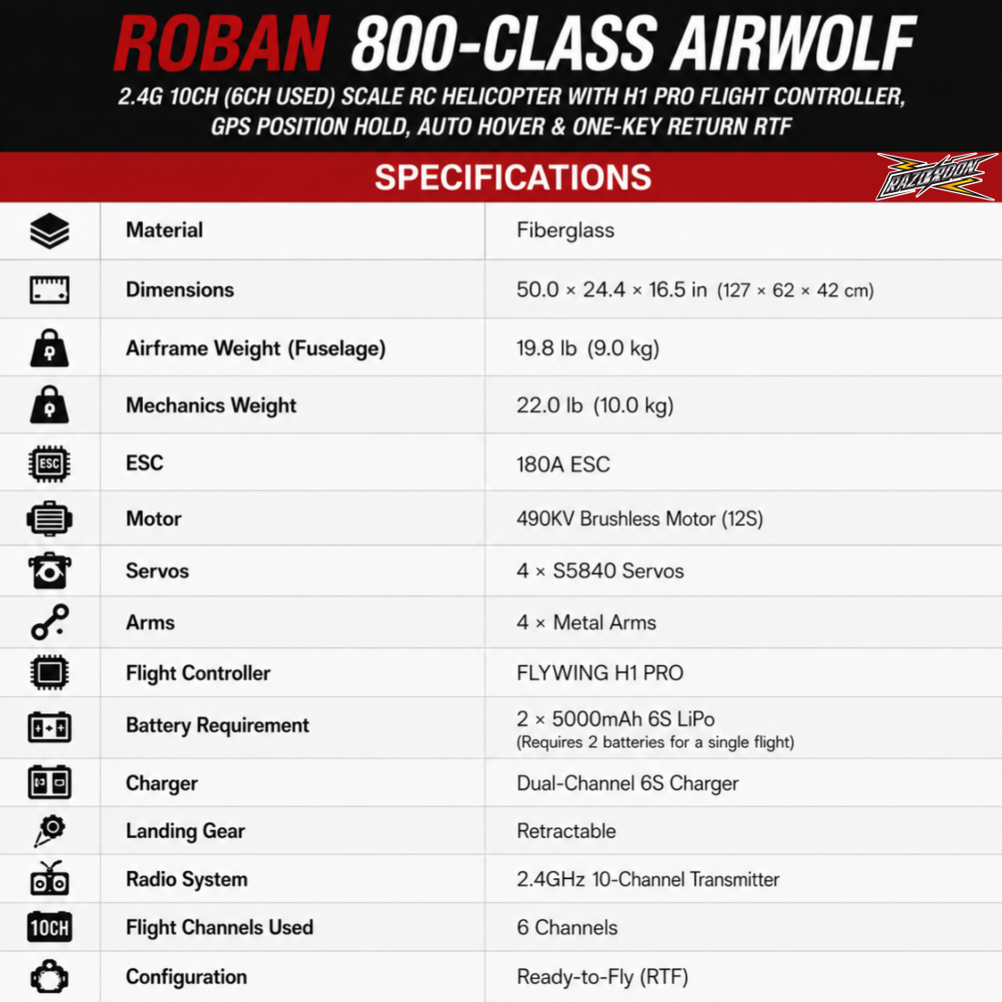 ROBAN Airwolf 800-Class 2.4G 6CH Scale RC Helicopter - Specification