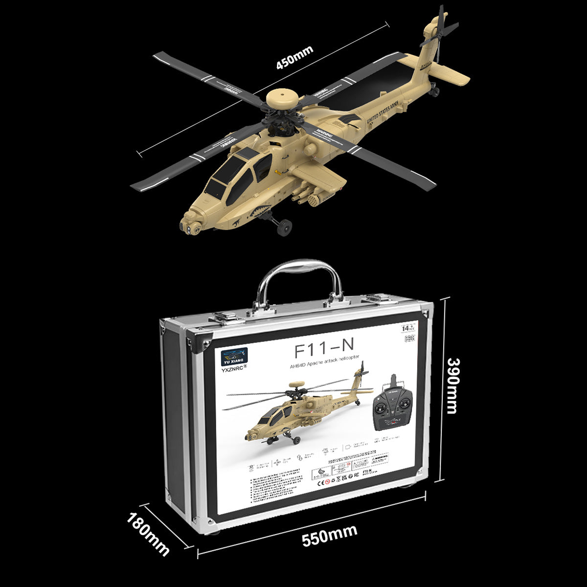 WOLFBUSH & YU XIANG F11-N AH64 1/32 Scale 2.4G 6CH Coaxial Dual Rotor 6G/3D Apache RC Helicopter - RAZORDON