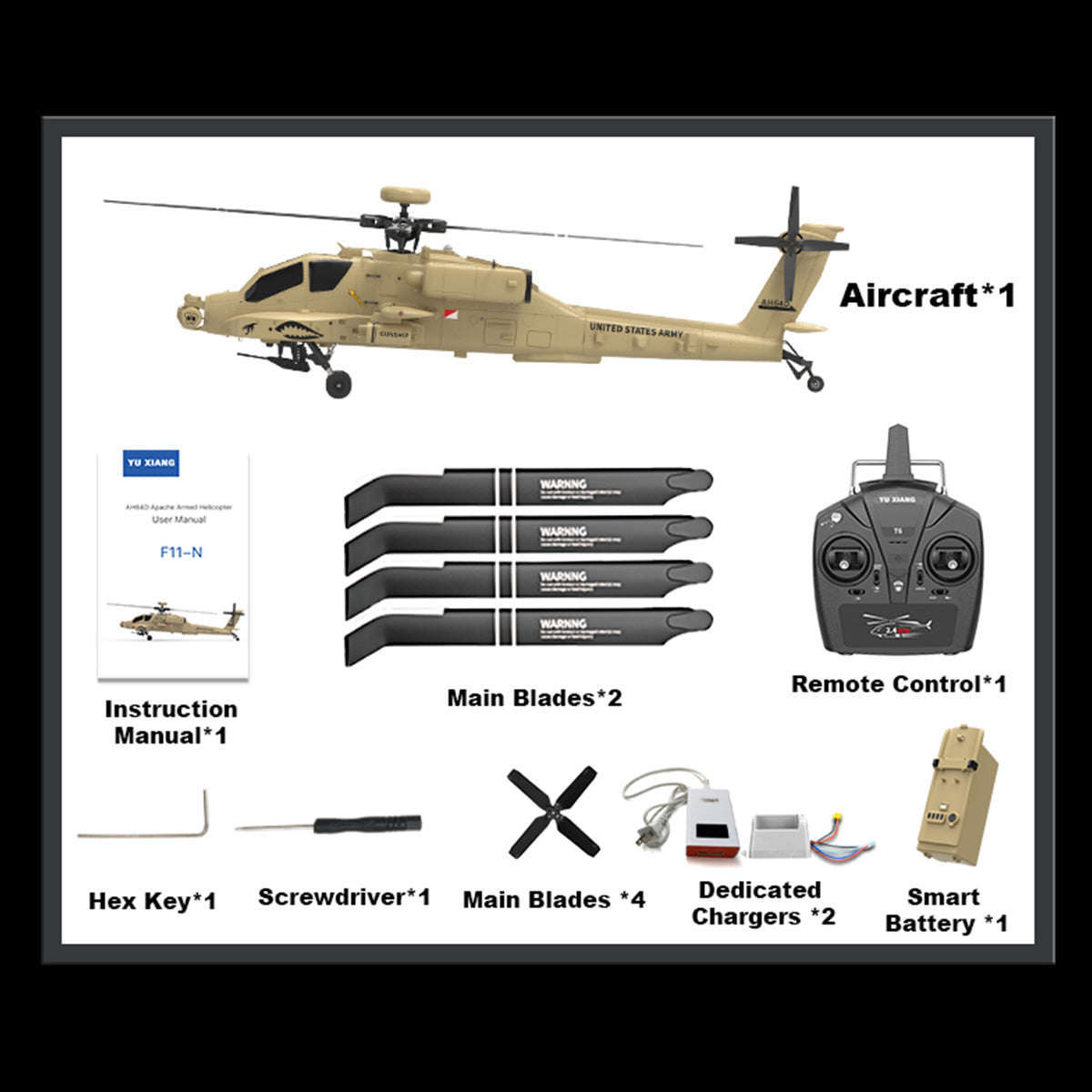 WOLFBUSH & YU XIANG F11-N AH64 1/32 Scale 2.4G 6CH Coaxial Dual Rotor 6G/3D Apache RC Helicopter - RAZORDON