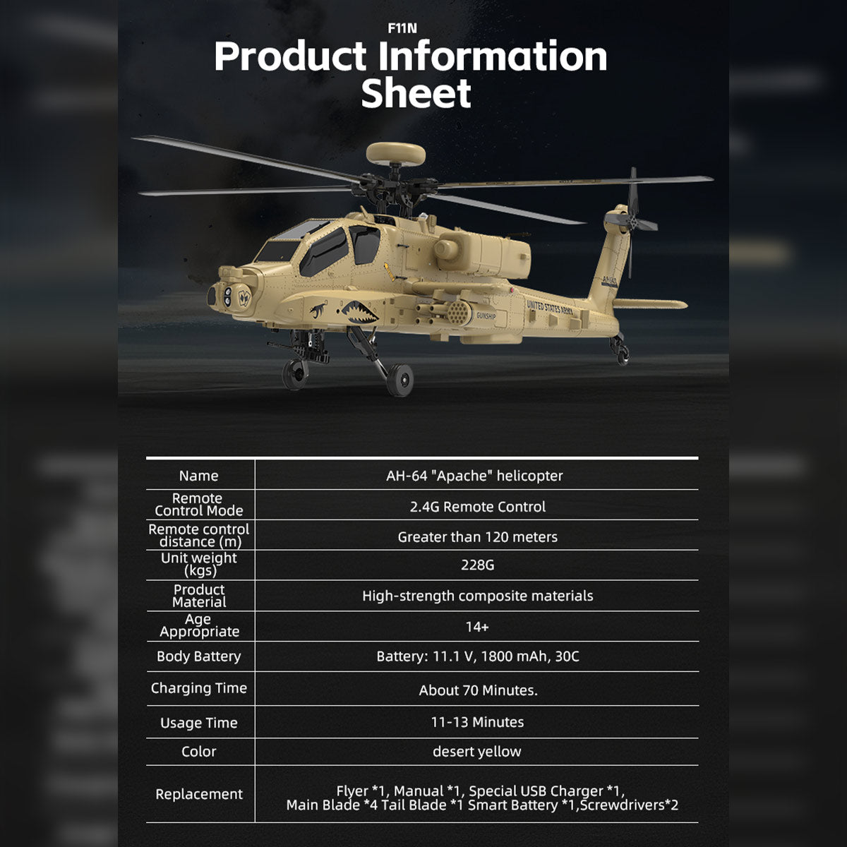 WOLFBUSH & YU XIANG F11-N AH64 1/32 Scale 2.4G 6CH Coaxial Dual Rotor 6G/3D Apache RC Helicopter - RAZORDON
