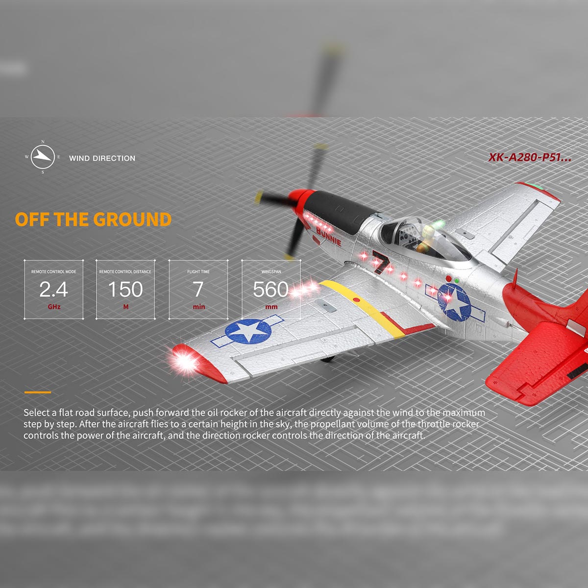 XK A280 P-51 Mustang 1:12 Scale RC Airplane - 560mm Wingspan EPP