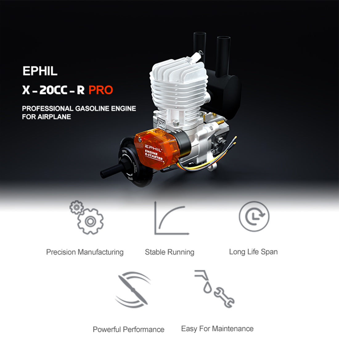 EPHIL X-20cc-R Pro Electric Startar Two-Stroke Single Cylinder Side Exhaust Gasoline Engine Model for Fixed-Wing Aircraft Models-RAZORDON