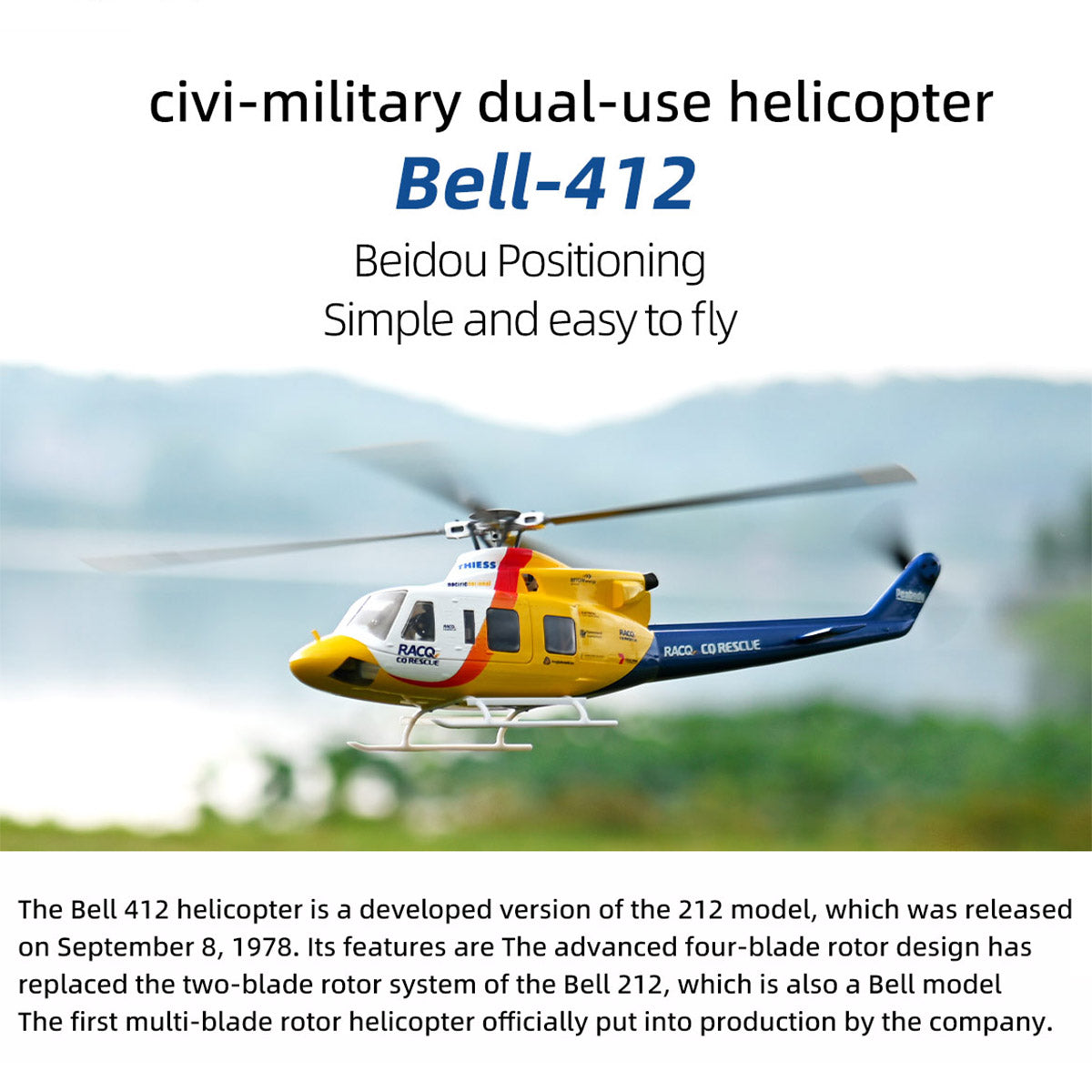 FLYWING BELL-412-V4 470-Class 2.4G 6CH Scale GPS RC Military Helicopter Model - Razordon