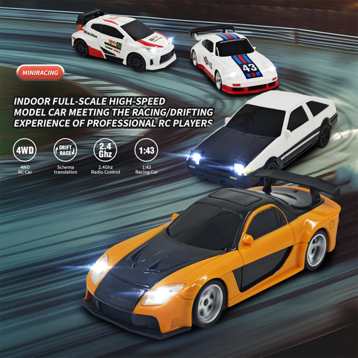 1/43 Scale 2.4G Full-Proportional Mini Electric RC Drift Racing Car Model with LED Lights - Razordon