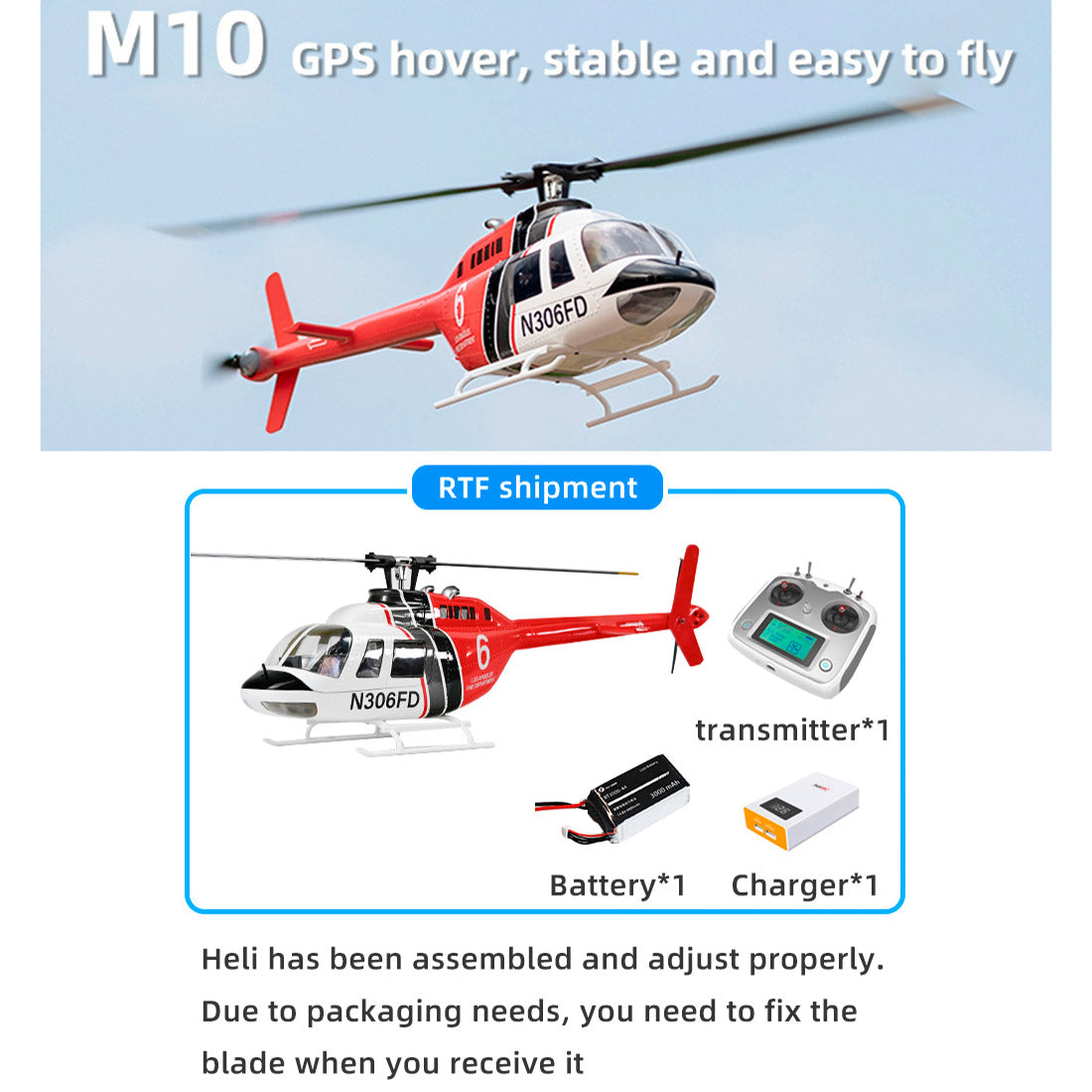 FLYWING Bell-206-V3 470-Class RC Helicopter Model 2.4G RC 6CH Electric Airplane with Model 1 & Model 2 Switchable(RTF Version)