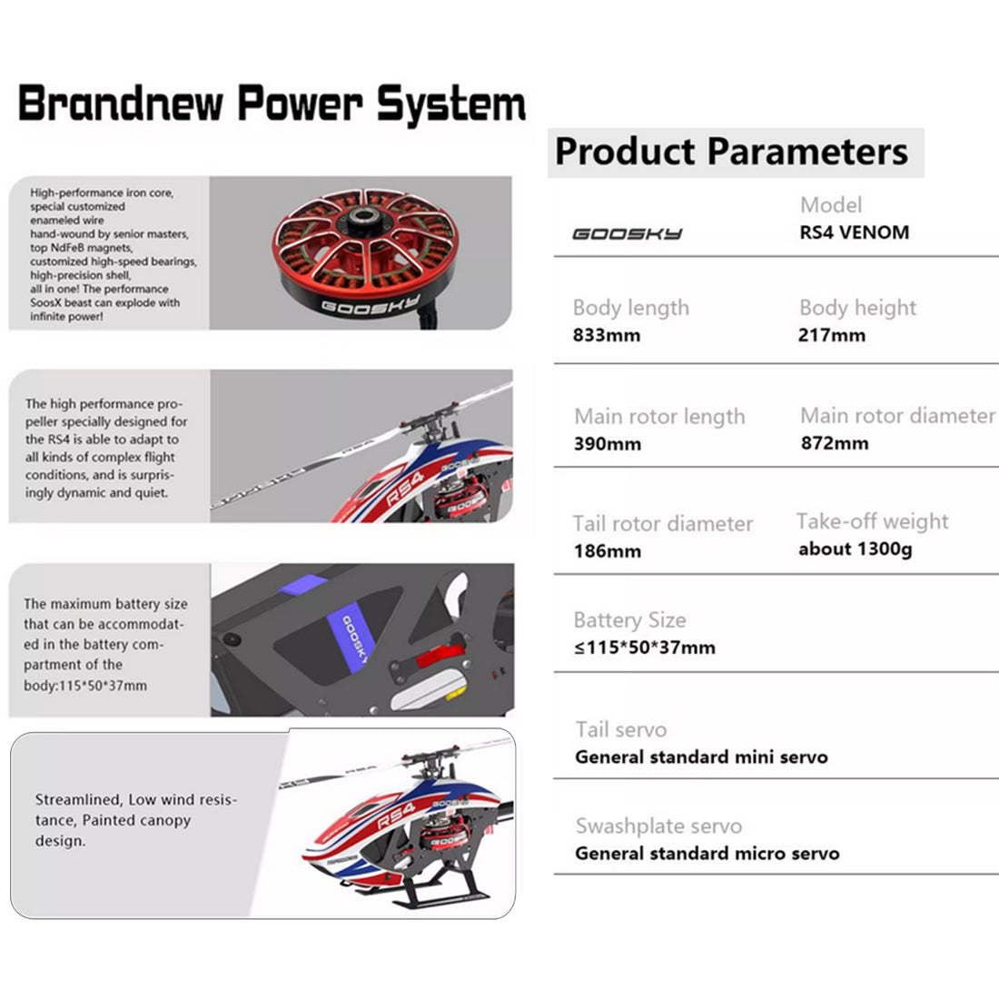 GOOSKY Legend RS4 Venom Helicopter Model RC 2.4G 3D Electric Brushless Aircraft Model