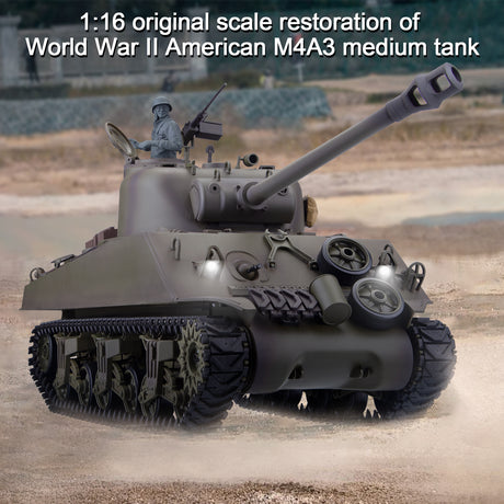 1/16 2.4G RC US M4A3 Sherman Medium Tank Vehicle Model Steel Gear Box Retractable Long Barrel Smoking Light Sound Launch BB Ammunition Infrared Ray