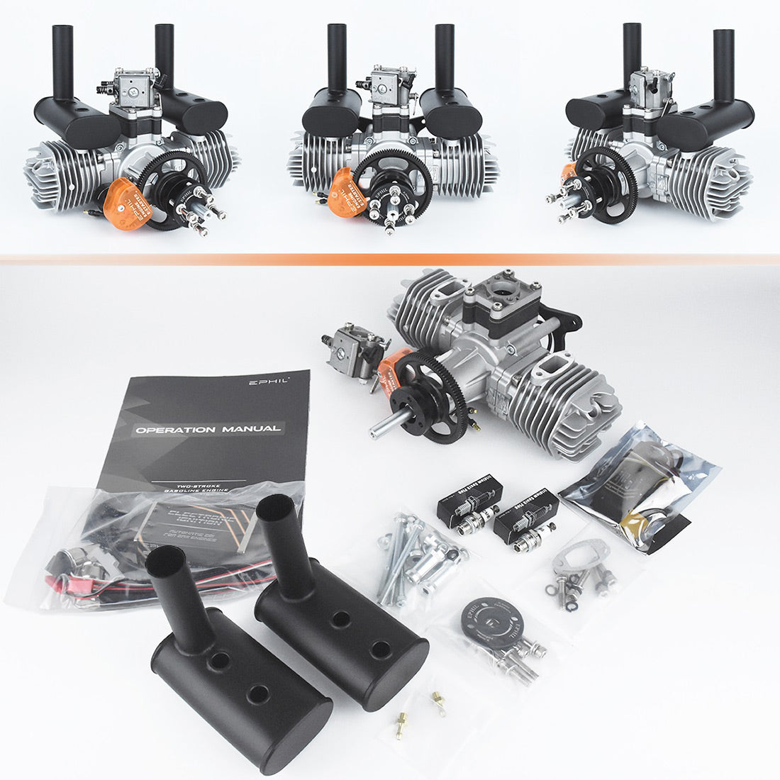 EPHIL X-76cc-T Pro Electric Starter Two-Stroke Twin-Cylinders Horizontally Opposed Gasoline Engine Model for Fixed-Wing Aircraft Models - RAZORDON