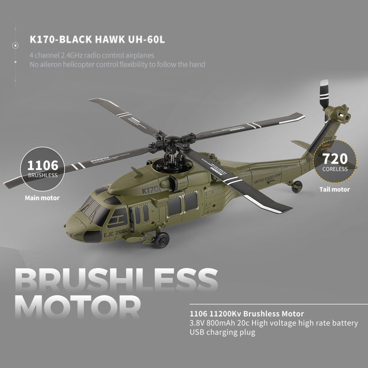 WL K170 Black Hawk UH-60L 170 Size 2.4G 4CH Flybarless RC Helicopter with Adjustable Left and right Hand Throttle (RTF Version) - RAZORDON