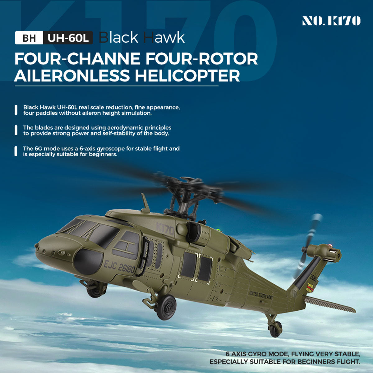 WL K170 Black Hawk UH-60L 170 Size 2.4G 4CH Flybarless RC Helicopter with Adjustable Left and right Hand Throttle (RTF Version) - RAZORDON